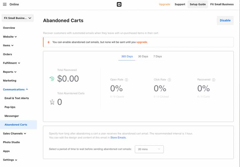 Abandoned cart email performance dashboard and settings.