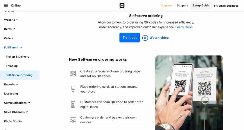 Square self-serve ordering settings show you can generate QR codes to allow customers to order and pay from their mobile devices.