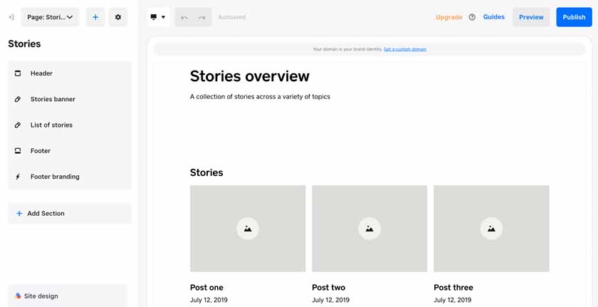 Stories Overview optional page in the Square Online site builder.
