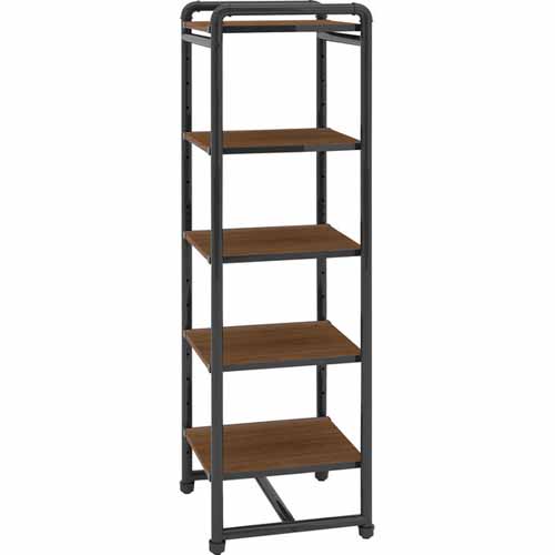 Wood and metal five-tier, mobile shelving unit.