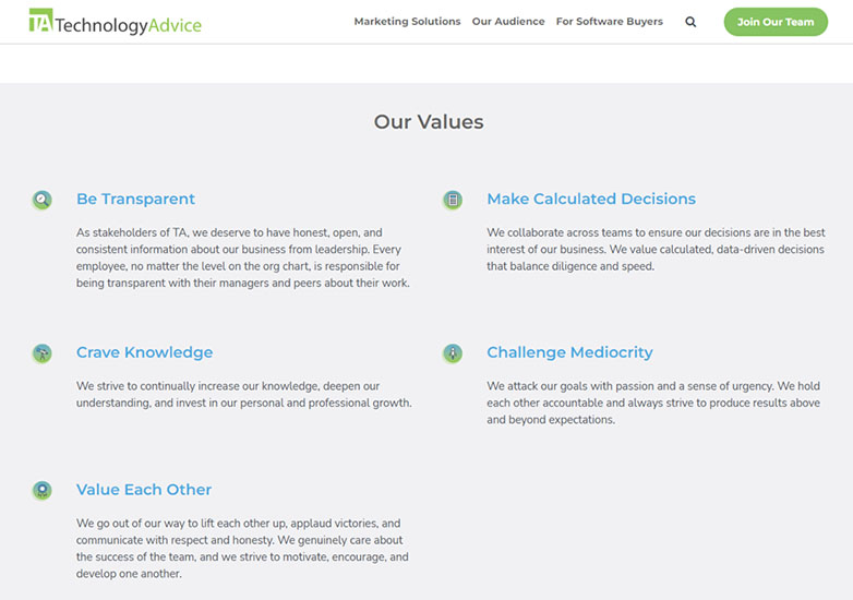 A screenshot of Technology Advice's corporate values 