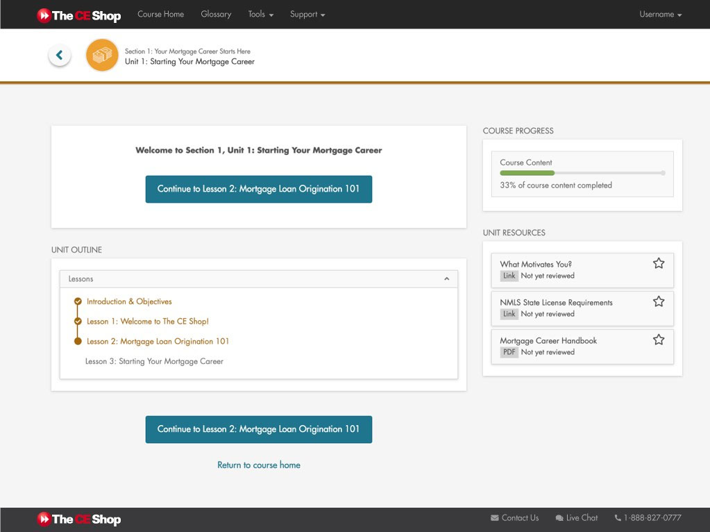 Screenshot of learning platform for The CE Shop.