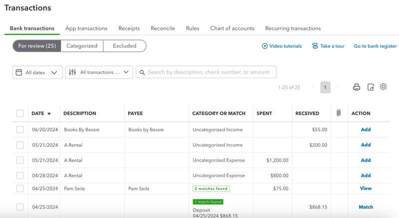 Transactions tab in QuickBooks showing transactions that are ready for review.