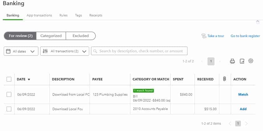 For review tab in QuickBooks Online's banking section showing transactions awaiting for review.
