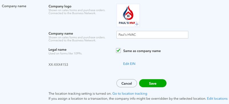 Screen where you can update company name and logo in QuickBooks Online