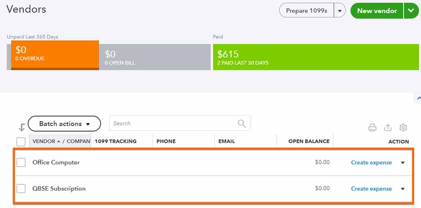 Vendors tab in QuickBooks Online showing imported vendors from Self-Employed.