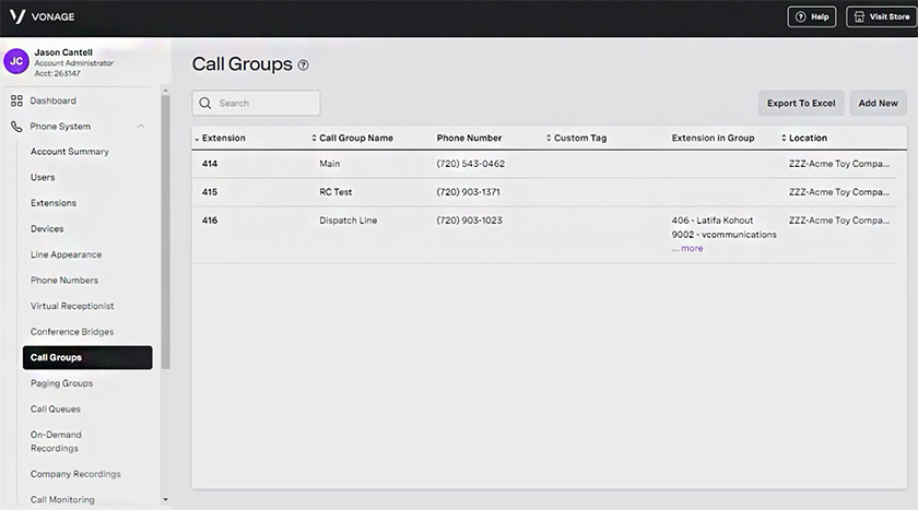 Vonage interface showing the call groups settings, which lists down all the call groups, along with their respective extensions, phone numbers, and location