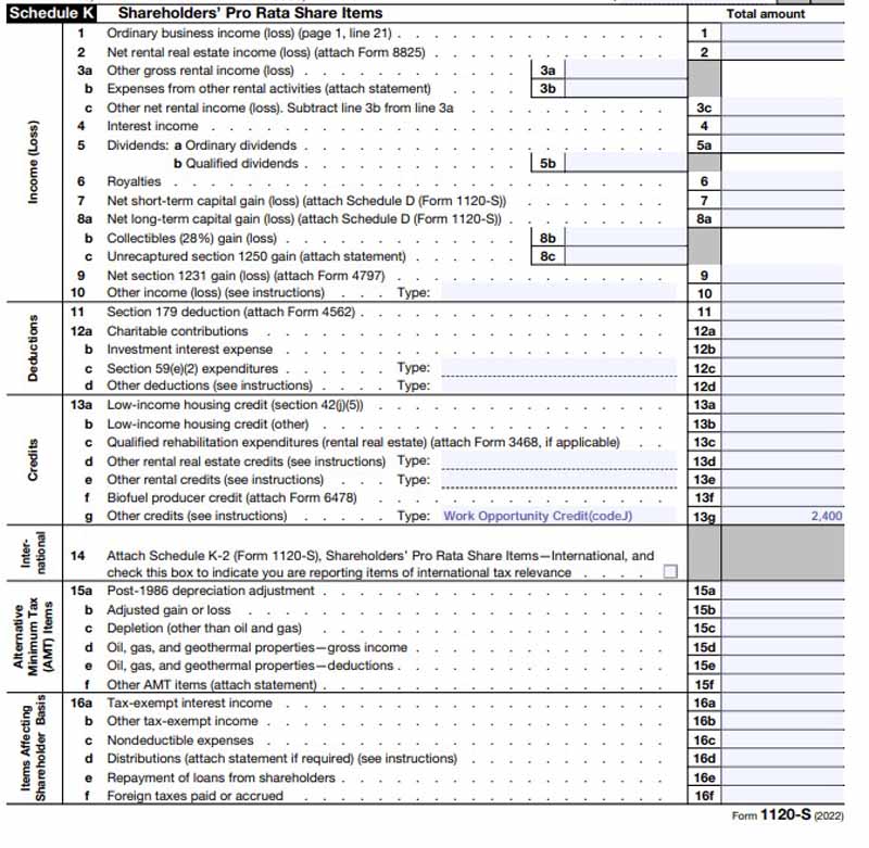 An example of IRS Form 3800 Form 1120- S, Schedule K, line g used to report the WOTC