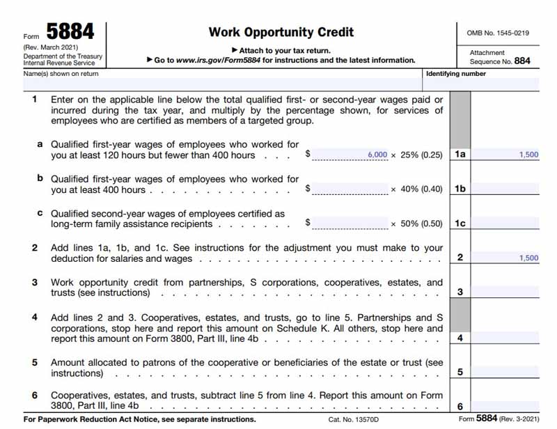 An example of IRS Form 5884 lines 1 through 6 used to calculate the Work Opportunity Tax Credit.