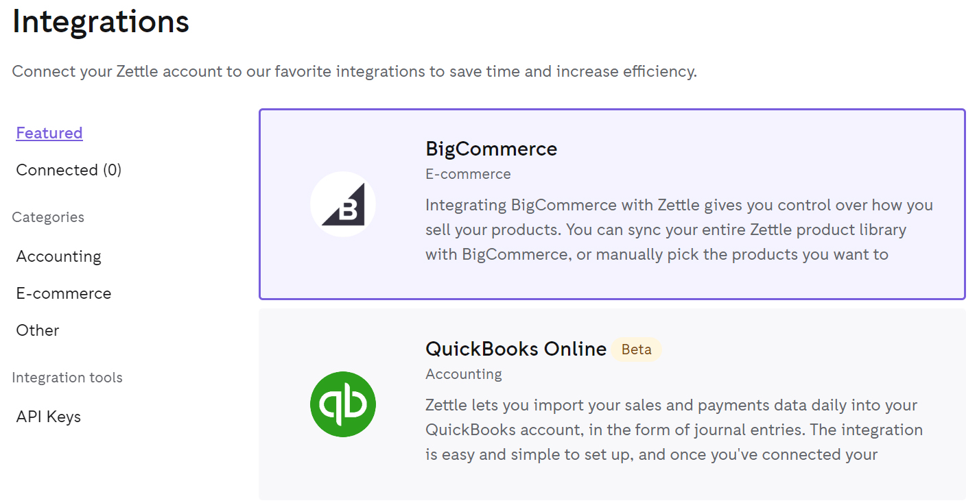 Zettle POS integrations screen with categorization.
