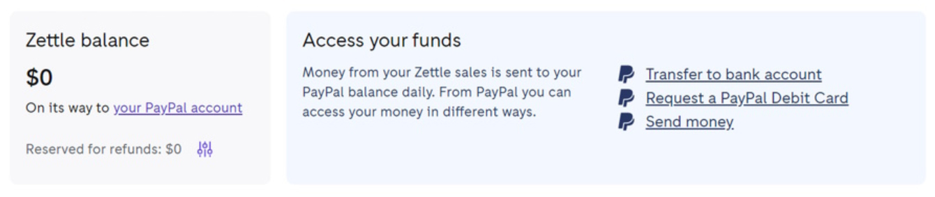 Zettle checkout and balance screen.