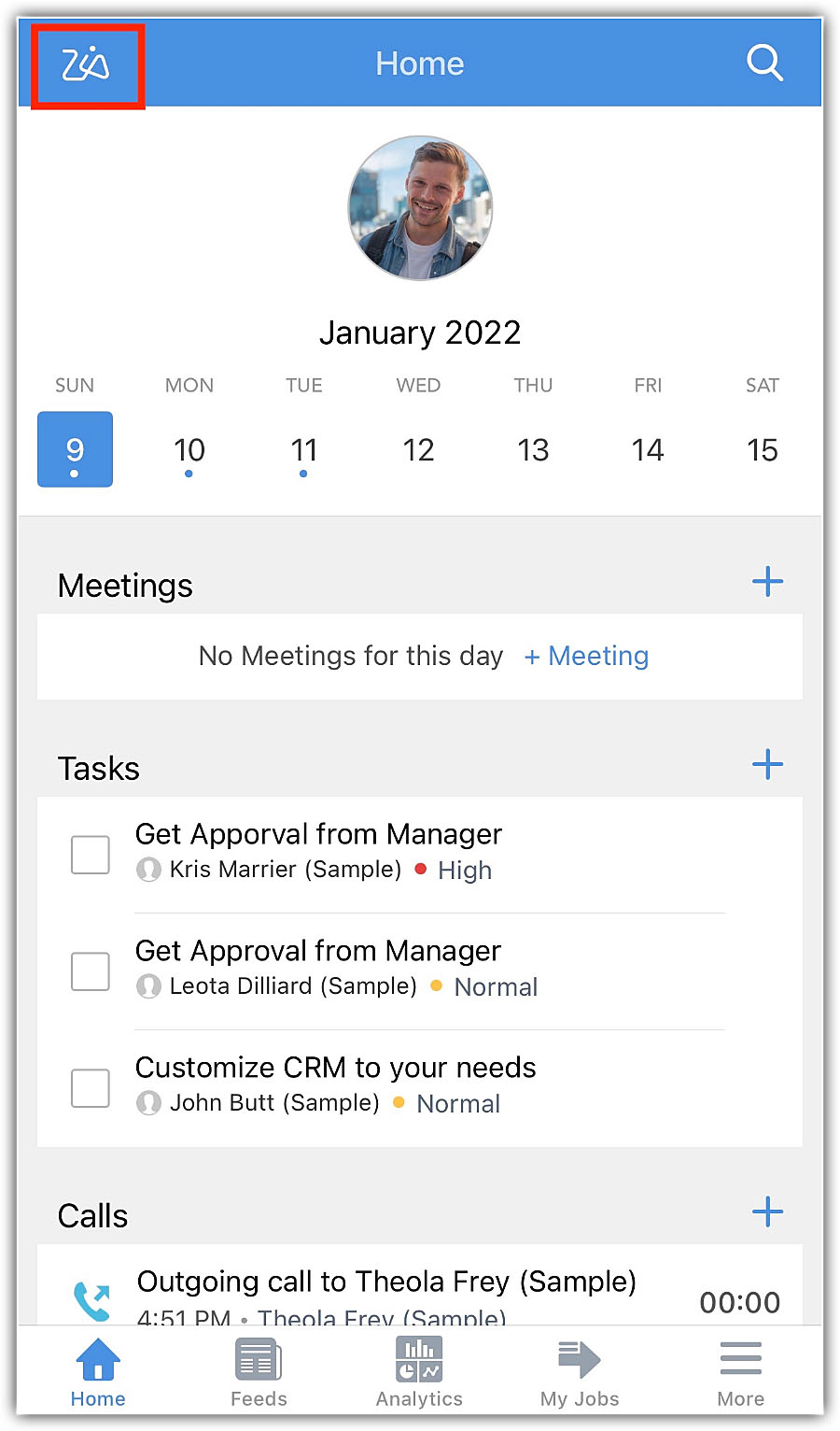 Zoho crm homepage showing tasks, meetings, and calls.