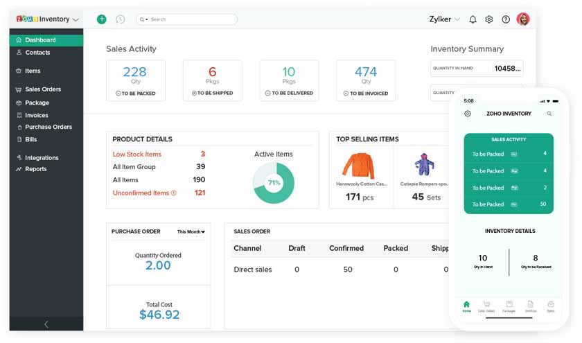 Viewing the inventory dashboard in Zoho CRM.