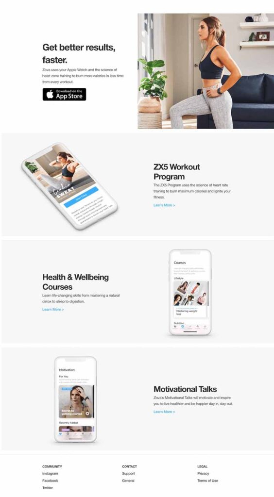 Mobile app Zova's landing page from their website.