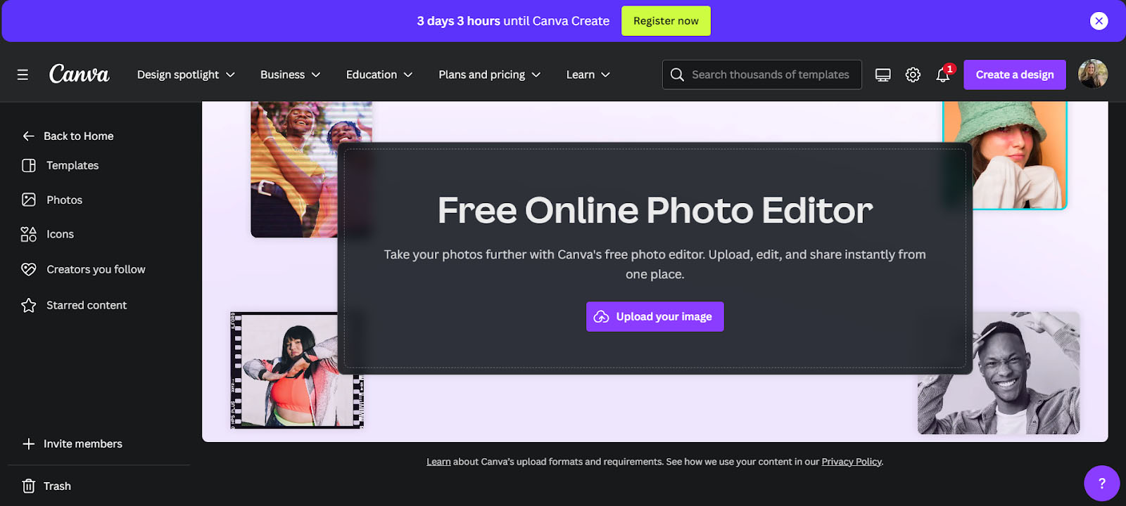 Canva's free online photo editor landing page.