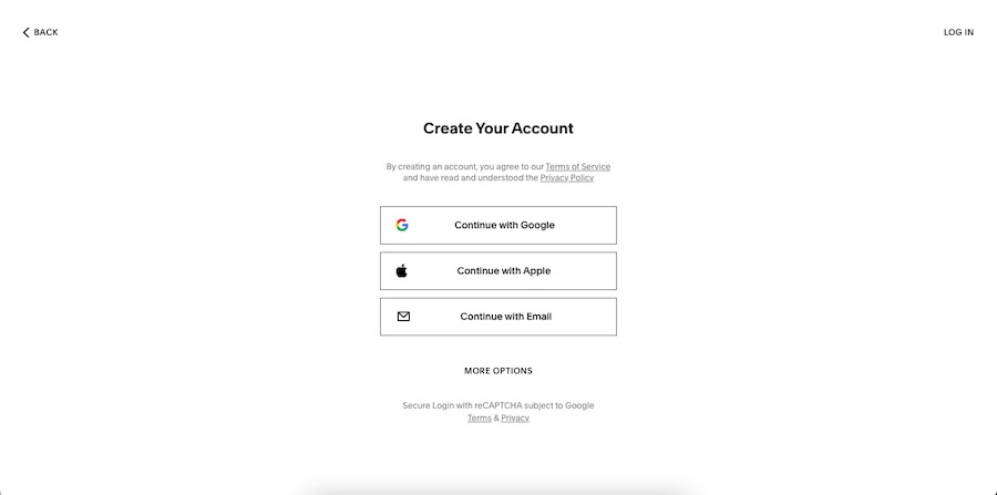 Squarespace's screen with options for creating or logging into an account