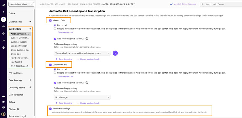 Dialpad’s automatic call recording and transcription settings with orange boxes highlighting the options to record inbound and outbound calls and pause recordings.