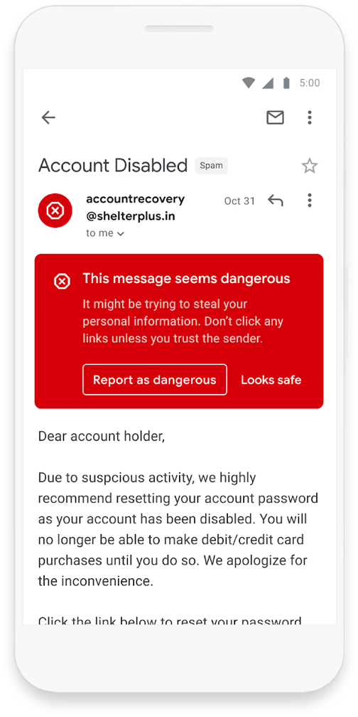 Google business email review for security, screenshot of flagged email.