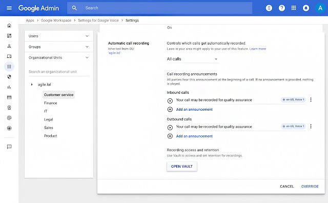 Google Admin interface showing the settings for call recording and the option to customize recording announcements