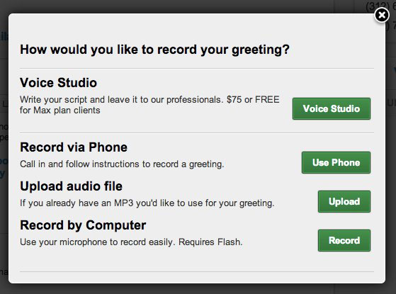 Grasshopper interface showing the greeting recording options: voice studio, record via phone, upload an audio file, and record by computer
