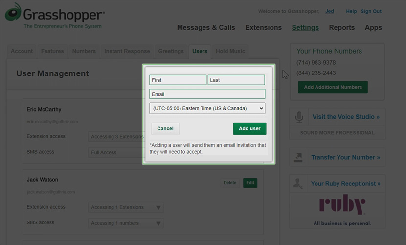 Grasshopper user management settings showing an Add New User dialog box that has input fields for name and email address