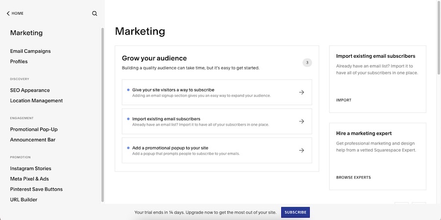 Inside Squarespace's marketing tab with several functions
