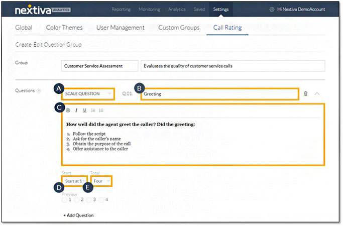 Nextiva Analytics interface showing the call rating settings tab, which consists of input fields for agent evaluation questions