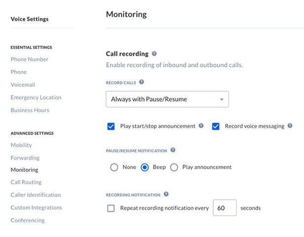 Nextiva interface showing the Monitoring settings, which include input fields for call recording options
