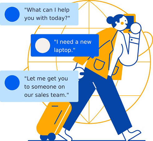 A woman vector graphic holding a phone on one hand and a luggage on the other and three speech bubbles displaying a conversation about buying a new laptop