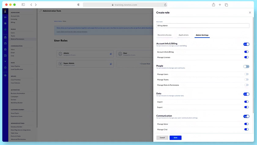 Nextiva web app showing the User Roles settings for a Billing Admin