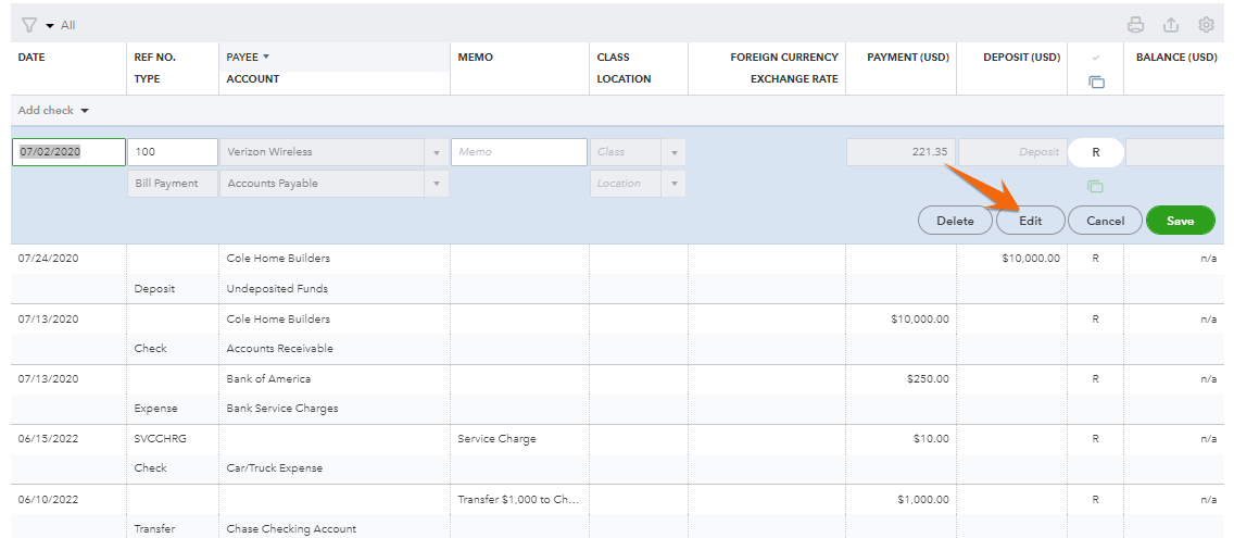 Bank register screen highlighting the Edit button in QuickBooks.