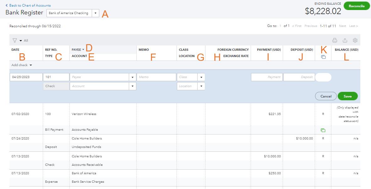 Bank register screen in QuickBooks with labeled sections, like Payee and Account.