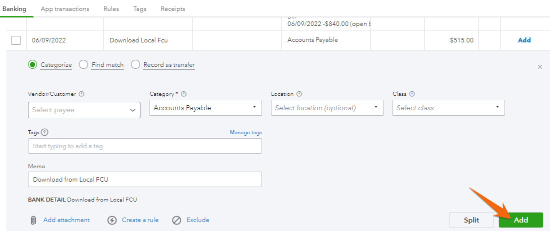Banking Center highlighting the Add button in QuickBooks Online.