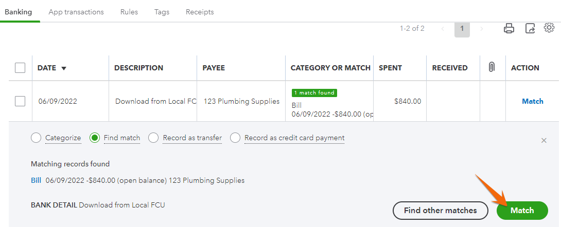 anking Center highlighting the match button in QuickBooks Online.