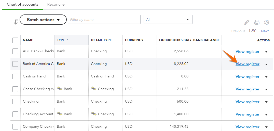Chart of accounts in QuickBooks showing a list of bank accounts.