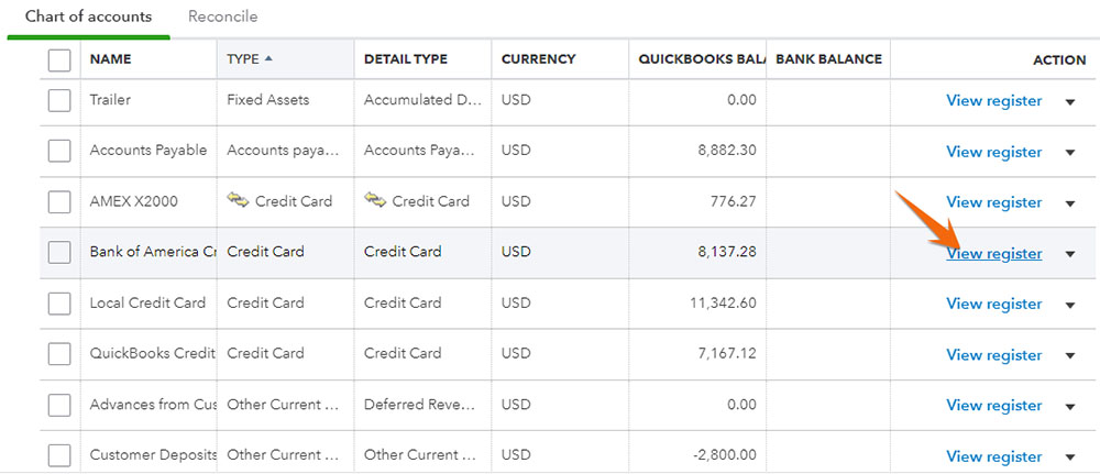 Chart of accounts in QuickBooks where you can locate and review credit card accounts.