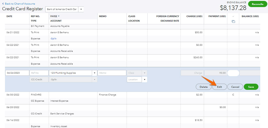 Credit card register in QuickBooks highlighting the Edit button.