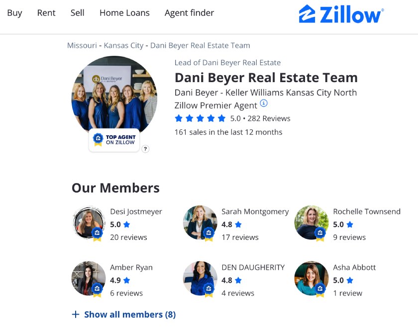 Screenshot of Dani Beyer Real Estate Team Zillow profile.
