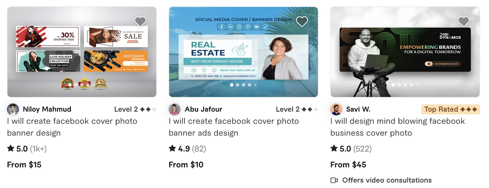 Screenshot of Fiverr Facebook cover photo services.
