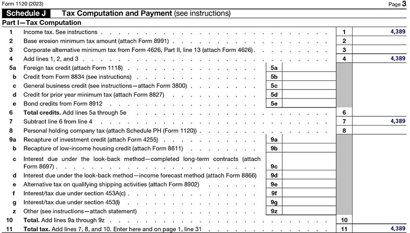 Form 1120, Schedule J, Part I showing the tax liability of ABC Company.