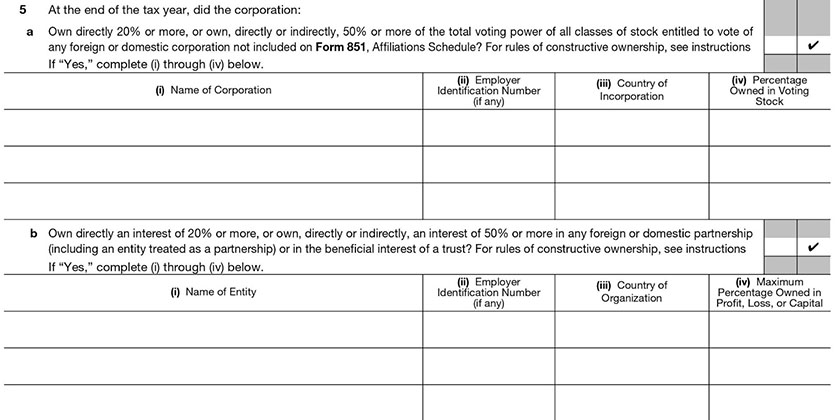 Form 1120, Schedule K, lines 3 and 4 completed showing that ABC Corporation has an individual owning at least 20% of the stock.