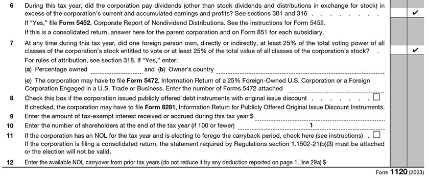 Form 1120, Schedule K, line 5 completed showing that ABC Company did not own 20% or more of any entity.