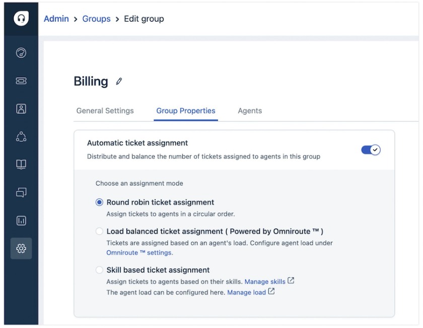 Freshdesk automatic ticket assignment with round robin, load balanced, and skill-based assignment modes.