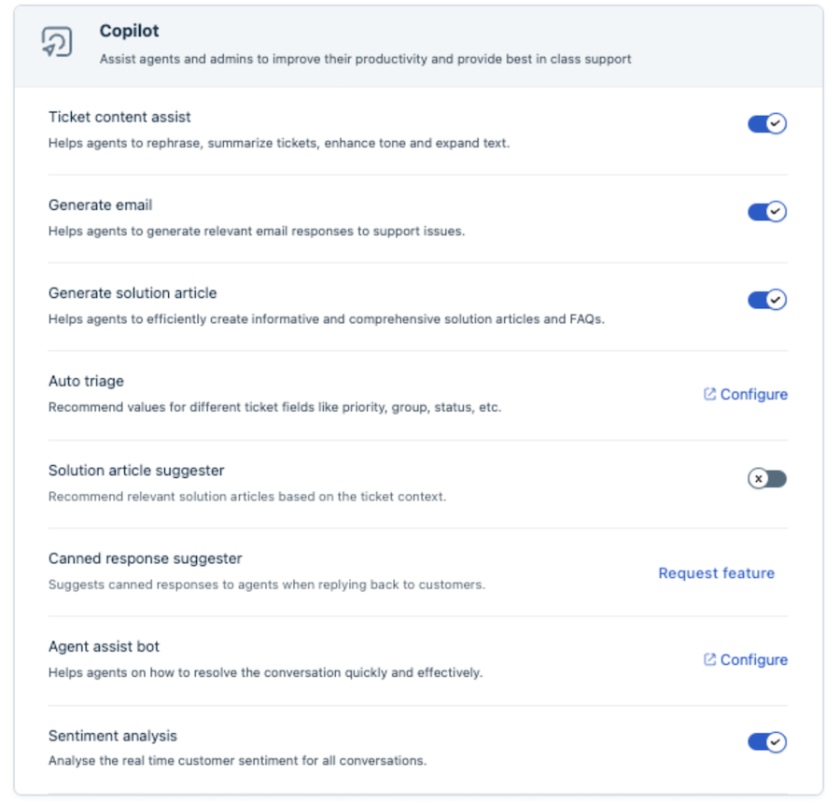 Freshdesk Freddy Copilot AI tool's key features, which include ticket content assistance, email generation, auto triage, and canned response suggestions.