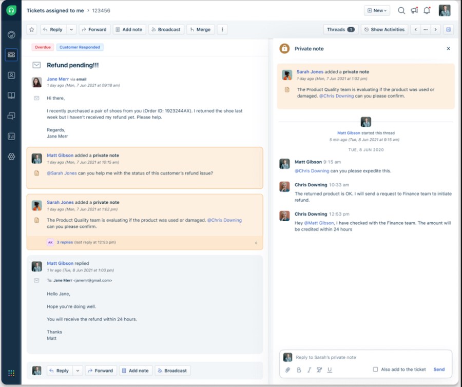 Freshdesk ticketing system with a side widget for private collaboration with other agents.