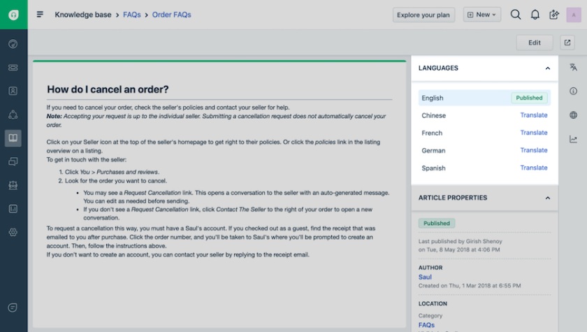 Freshdesk's help desk management system with the option to publish a knowledge base article in multiple languages.