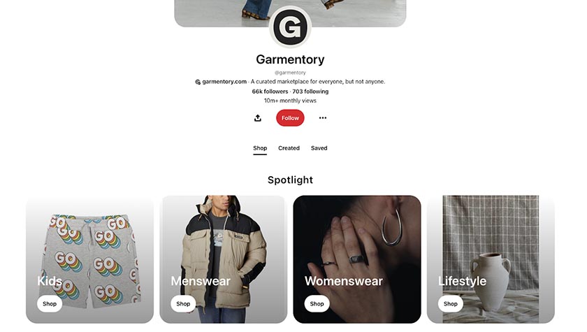 Garmentory is an example of an online store that has leveraged Pinterest’s Shop tab.