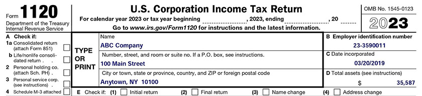 General information for ABC Company at the top of Form 1120, page 1.