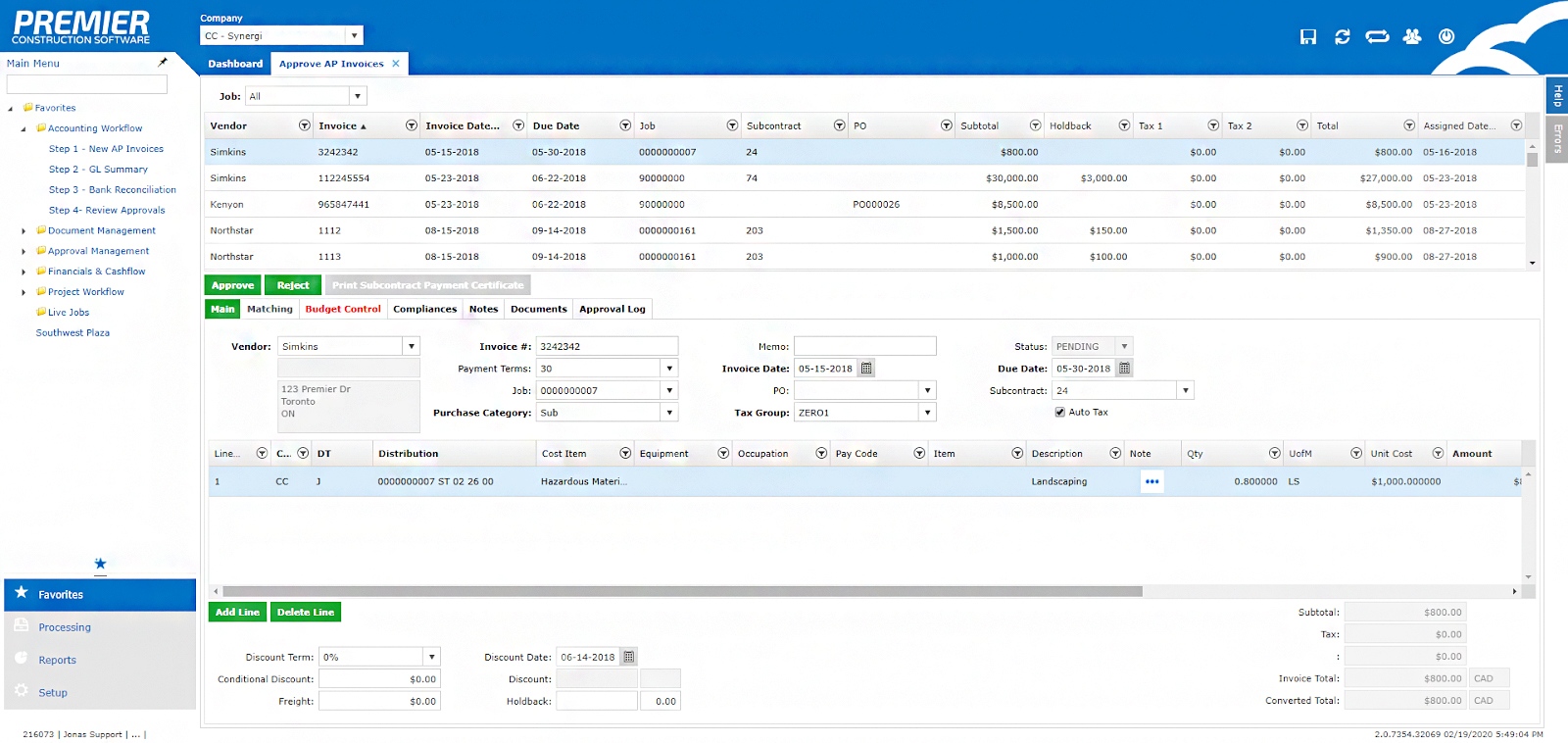 Accounts payable module in Premier showing different functions, such as invoice approval workflows.