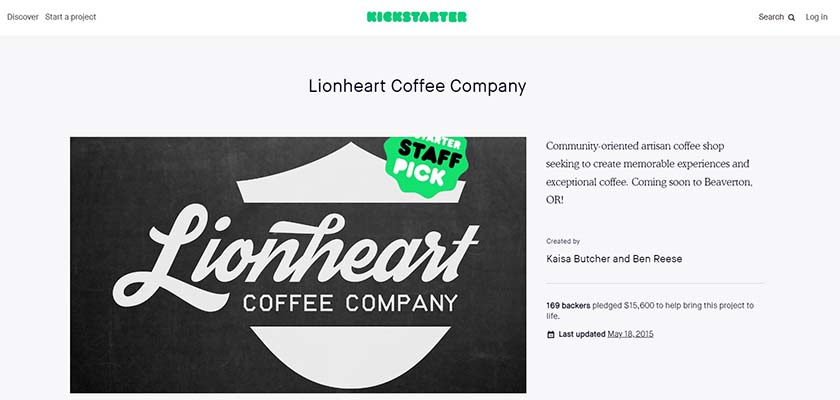 Kickstarter page for Lionheart coffee company.